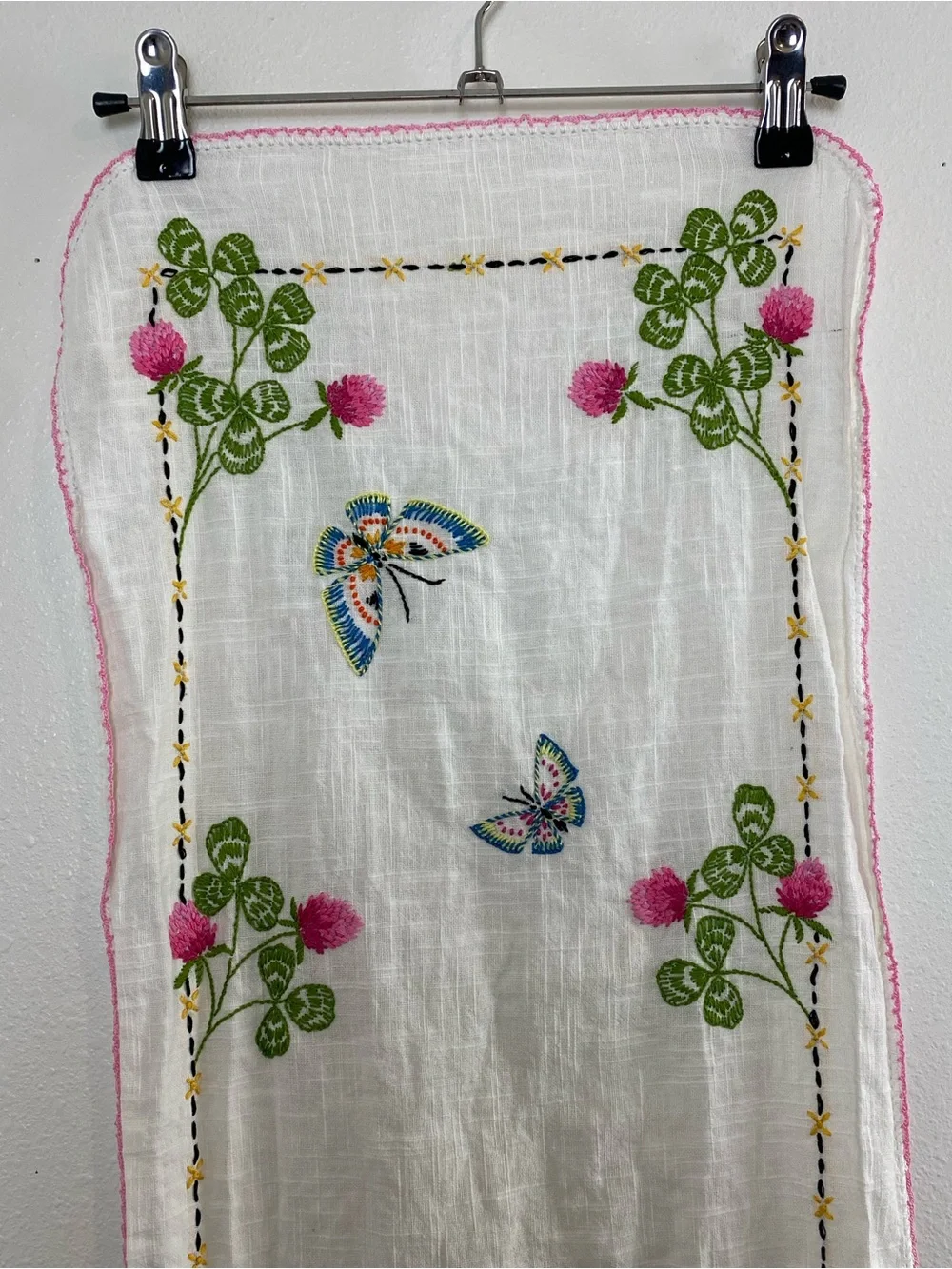 Vintage Embroidered Table Runner with Butterflies & Flowers